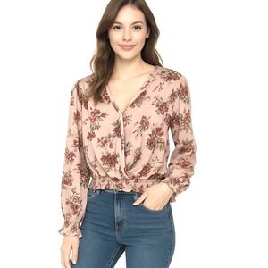 Ultra Flirt Blouse Size Large Pink Floral Long‎ Sleeve V Neck Ruch Smocked Waist